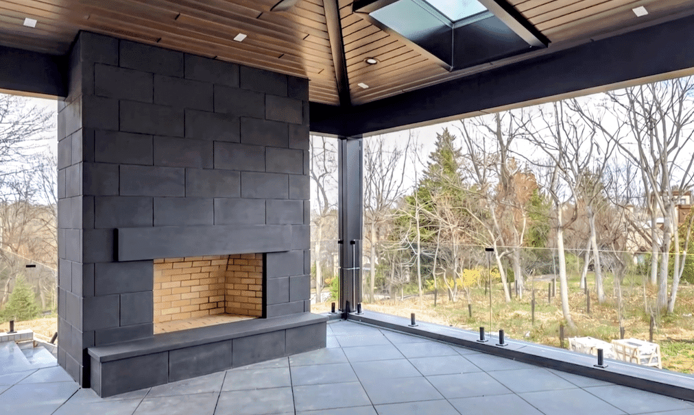 Modern outdoor living space with fireplace — a recent INSPO design consultation outcome